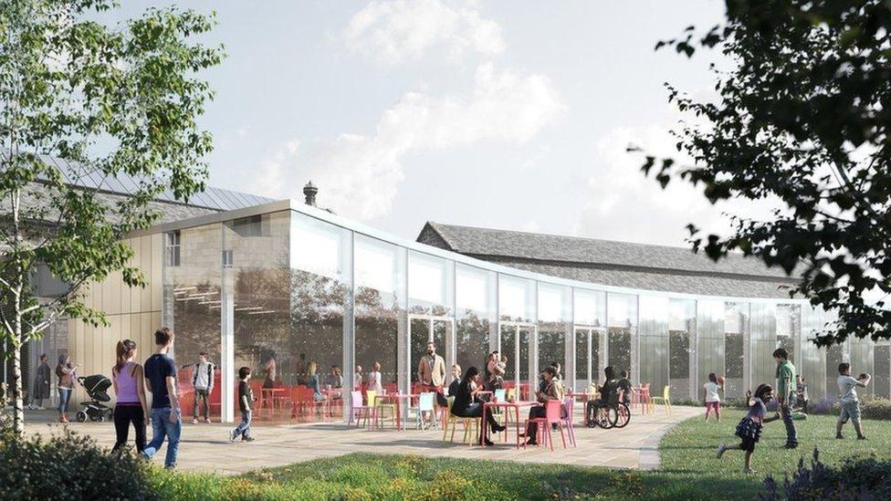 An artist's impression of the new Paisley Museum, showing people sitting outside at tables, in front of glass windows