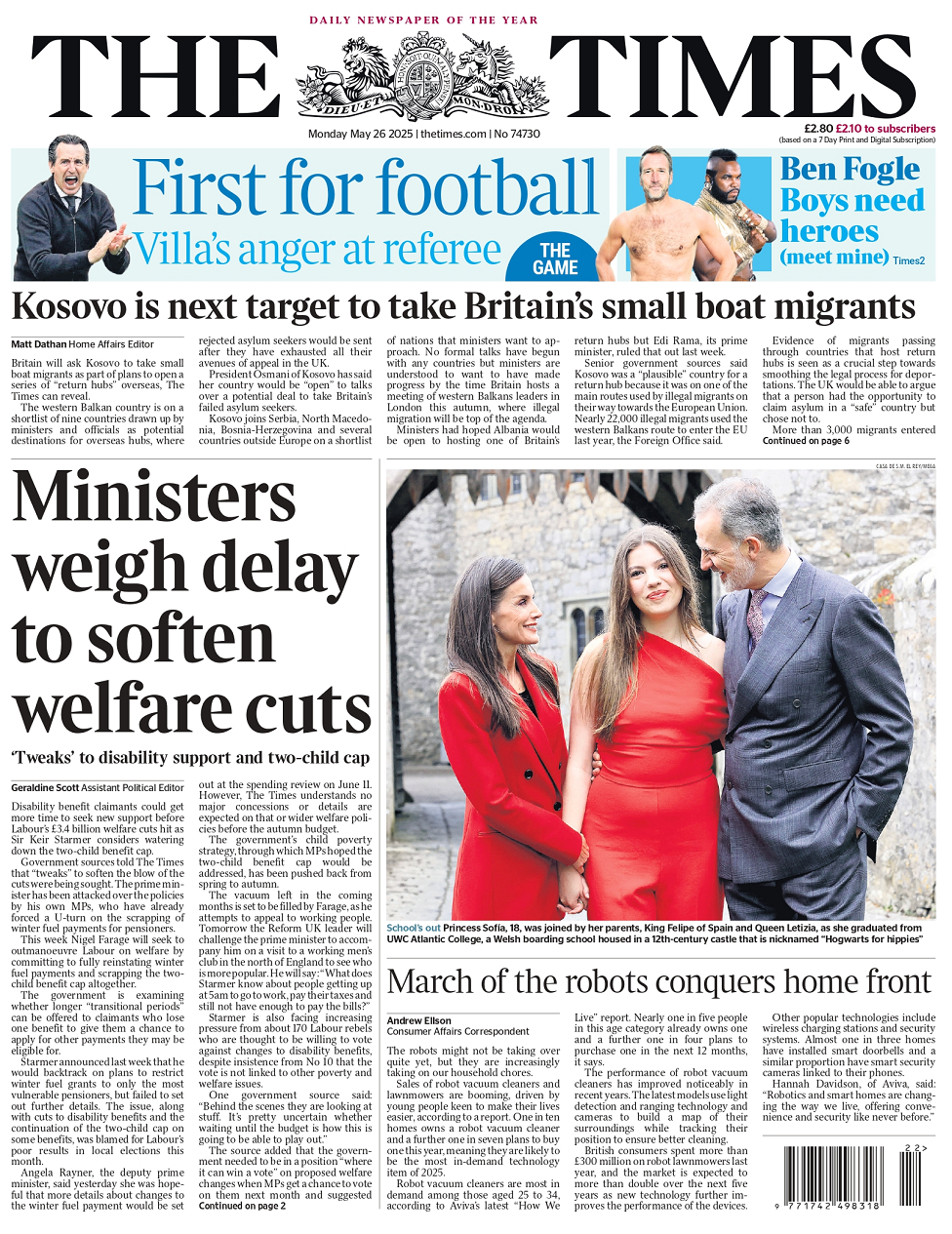 The Times headline reads: Ministers weigh delay to soften welfare cuts