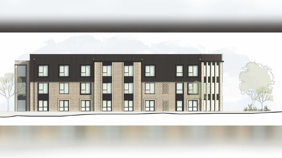 An architect's drawing of what the new care home would look like. It is a three-storey building, with buff brick cladding, UPVc windows and aluminium doors.