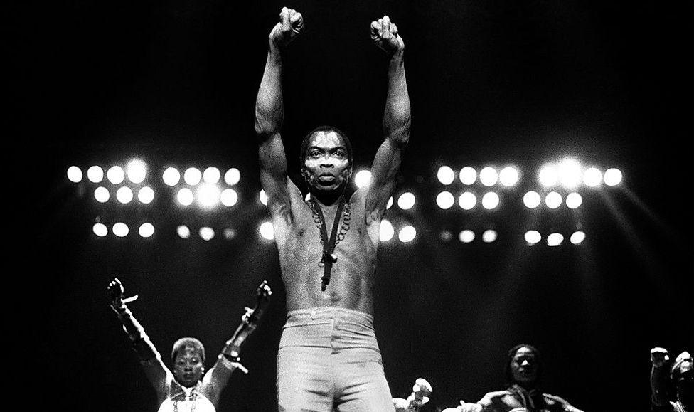 Musician Fela Kuti performs at Orchestra Hall in Detroit, Michigan, in 1986