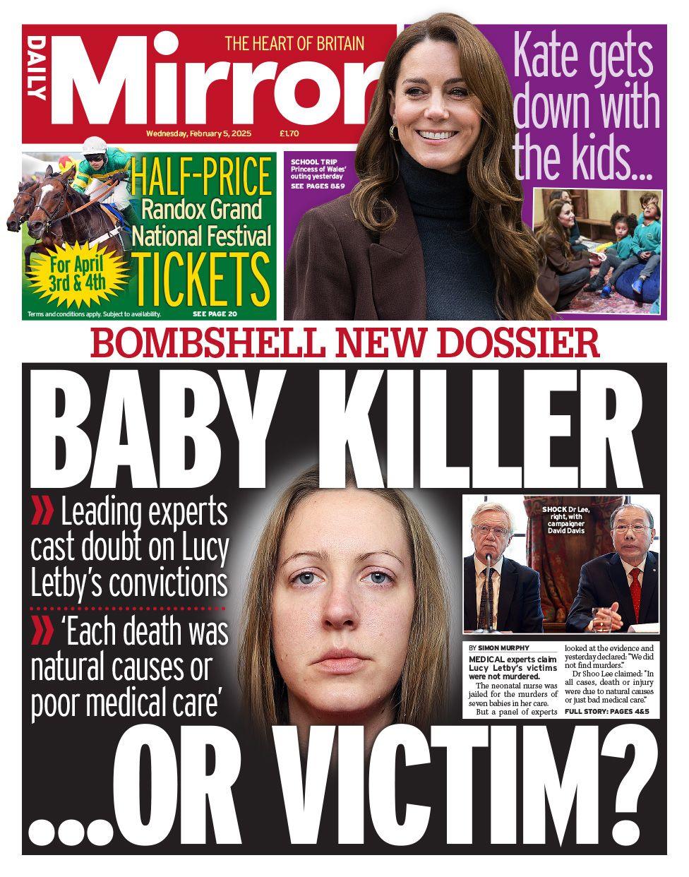 Daily Mirror front page with picture of Lucy Letby and headline: Baby killer...or victim?