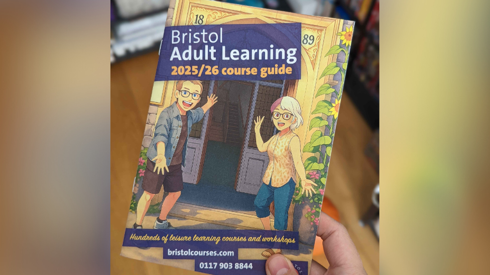 The front of a booklet, with two animated people with their arms outstretched in front of a doorway. It is titled 'Bristol Adult Learning 2025/26 course guide'.