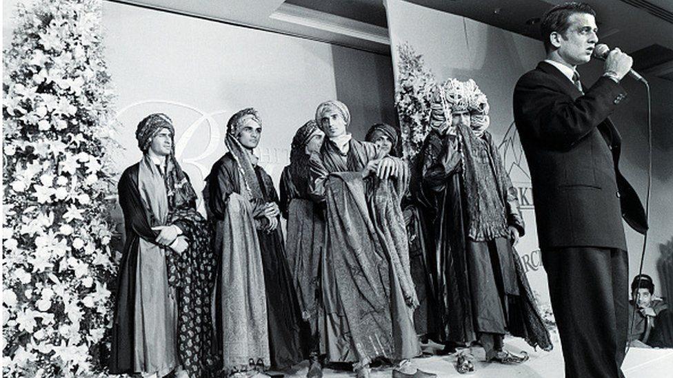 Rohit Bal, fashion designer, during a curtain call from New Delhi, India, December 21, 1996. Bal designs for both men and women