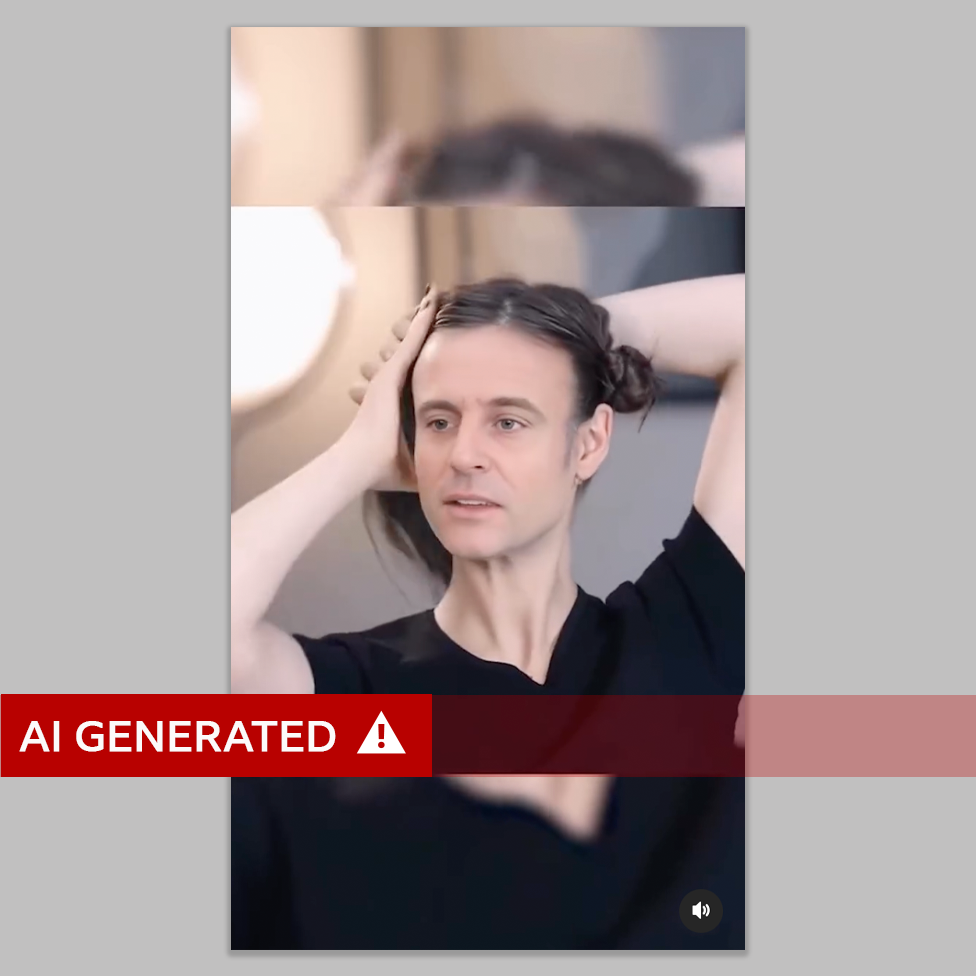 Deepfake image of a woman in a black T-shirt tying her hair in bunches, where her face has been replaced with Emmanuel Macron