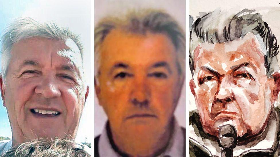 A composite image showing a family photo of Dominique Pelicot, a man with grey hair smiling at the camera; then a mugshot or passport photo where he is looking at the camera with a blank expression; and a court sketch of him speaking into a microphone.