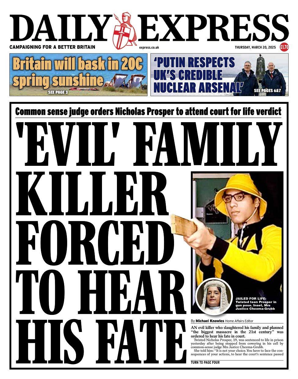 Front page of the Daily Express for Thursday 20 March 2025.