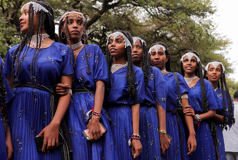 Women dressed in traditional Oromo costumes attend the Irreecha celebration, the Oromo people's thanksgiving festival at Hora Arsadi.