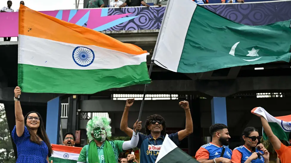 India and Pakistan fans wave flags at the T20 World Cup