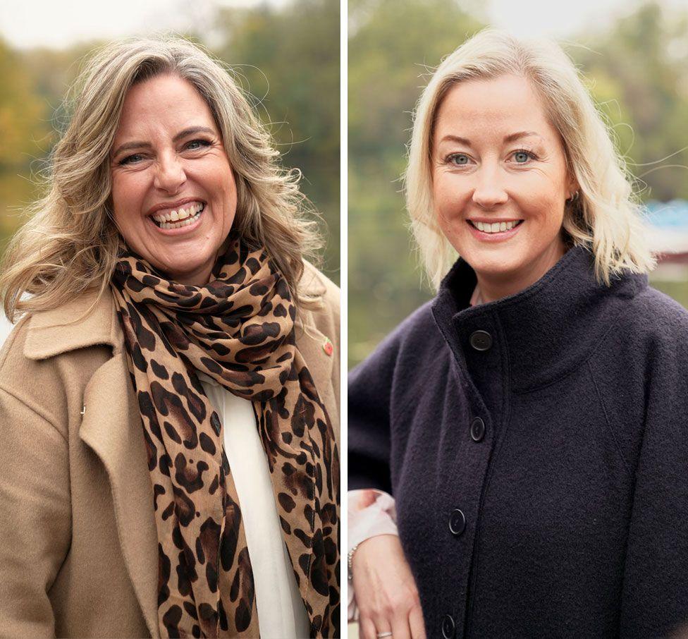 Jen, who has light brown hair, is pictured standing in a park and smiling joyfully at the camera. She's wearing a tan winter coat, white top and a leopard print scarf. Survivor Gemma is on the right, a blonde woman, pictured standing in a park and smiling at the camera. She's wearing a black winter cape with a blush blouse. 