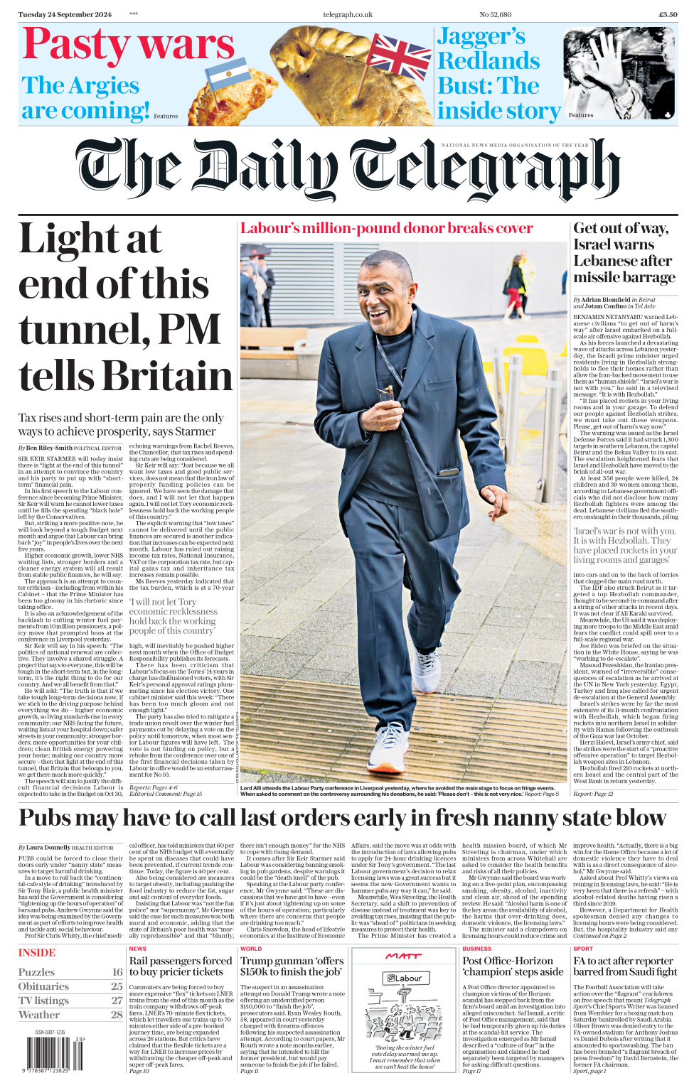 The front page of the Telegraph. The headline reads: 'Light at the end of this tunnel, PM tells Britain.'