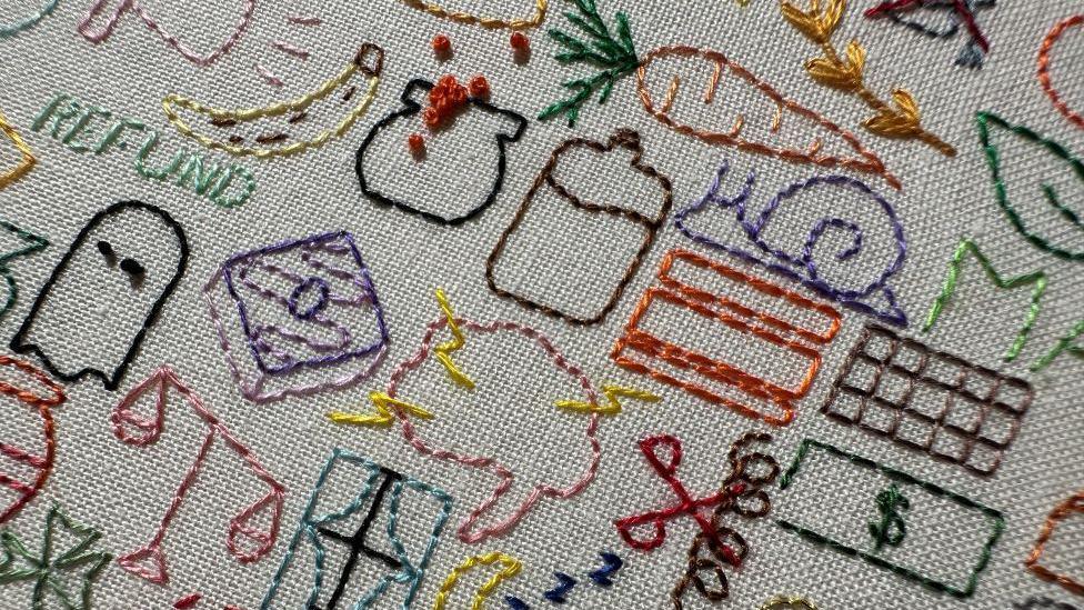 A close-up of some of the icons on Sophie's embroidery journal.