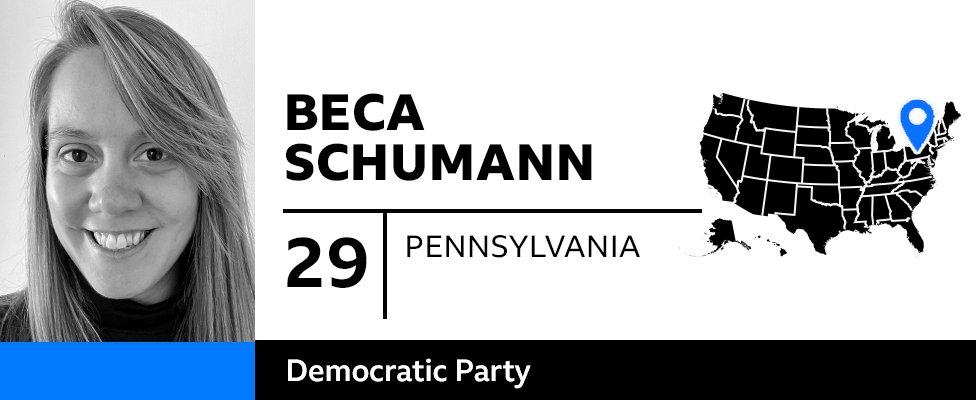 Graphic with photo of Beca Schumann, 29, of Pennsylvania