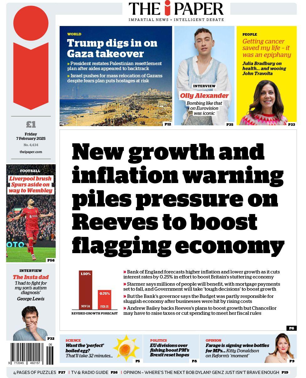 i front page with headline: New growth and inflation warning piles pressure on Reeves to boost flagging economy