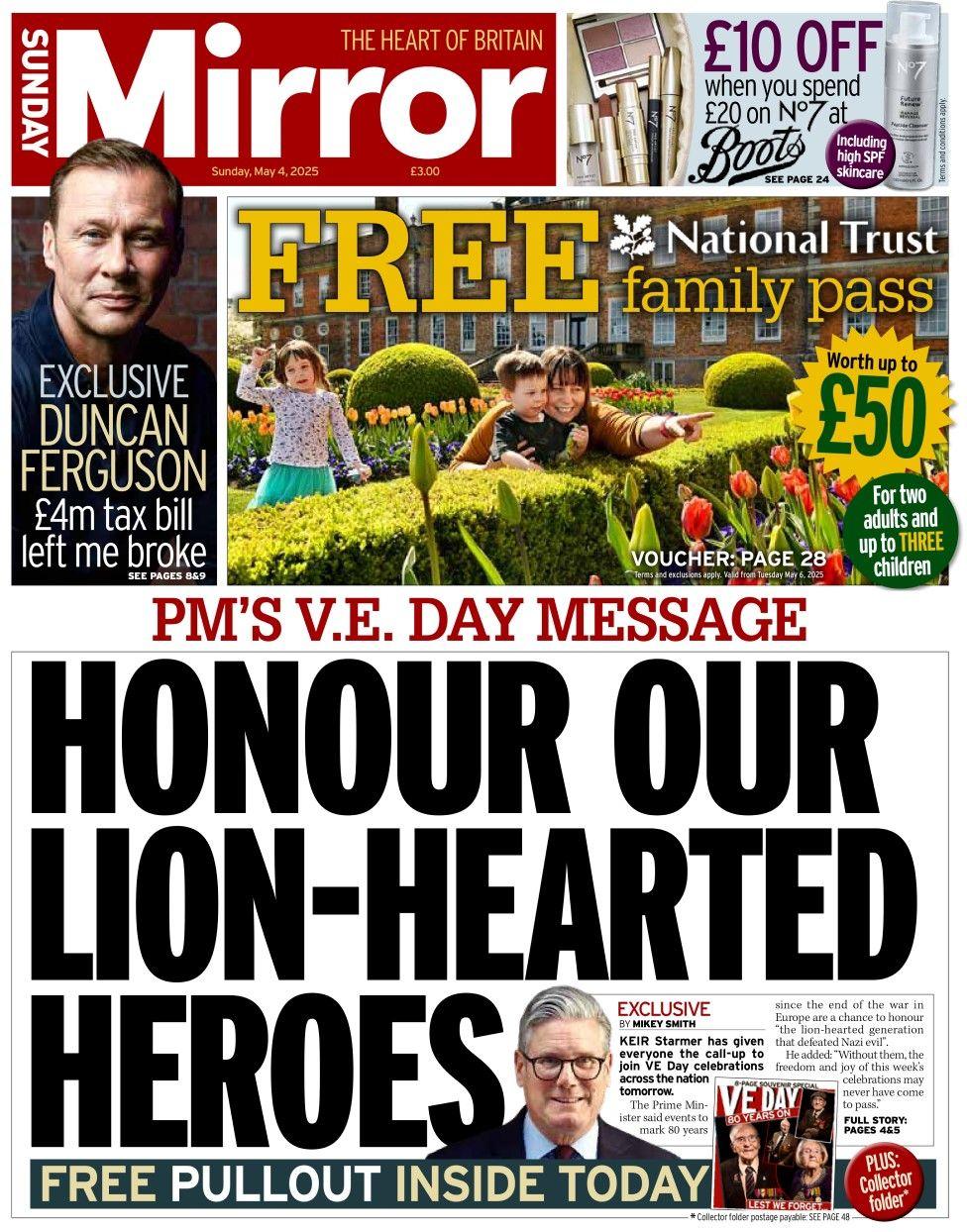 The headline in the Sunday Mirror reads: Honour our lion-hearted heroes