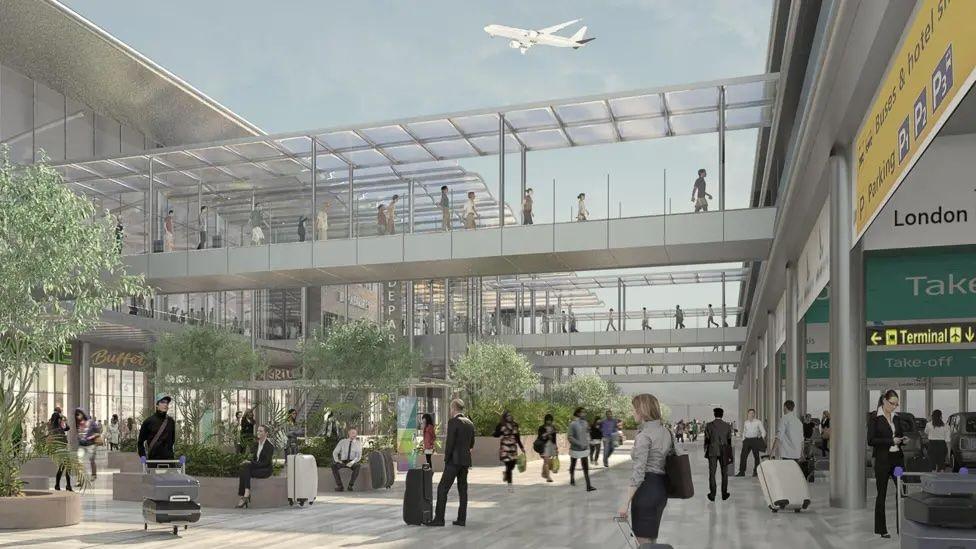 An artist impression of how Luton airport might look once expanded. People are wheeling cases around a concourse which contains indoor trees in planters. Above them other passengers walk across a series of first floor bridges with glass sides.