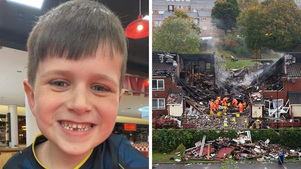 A composite image of Archie York, left, a little boy with a big smile and brown hair, and the site of the explosion. It shows flats which have been reduced to rubble, and emergency service workers are going through the scene.