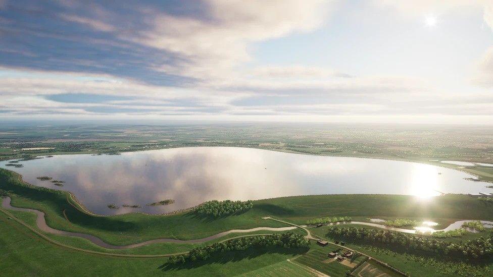 An artist's impression of the reservoir, an aerial view of a large body of water among green fields.