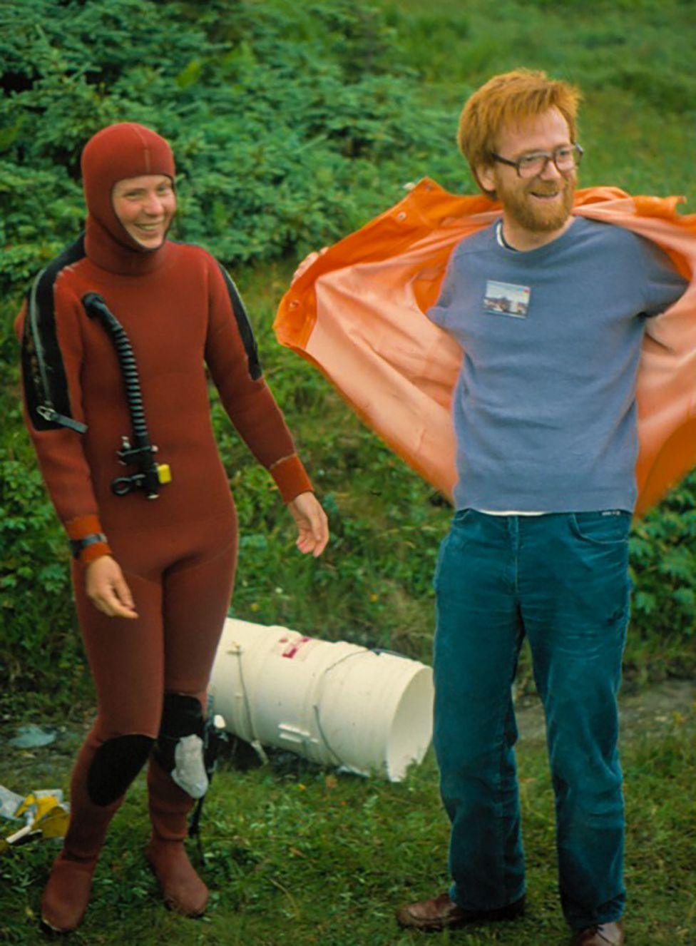 Christine Maggs in 1982 in a home-made drysuit with her PhD supervisor Mike Guiry beside her.