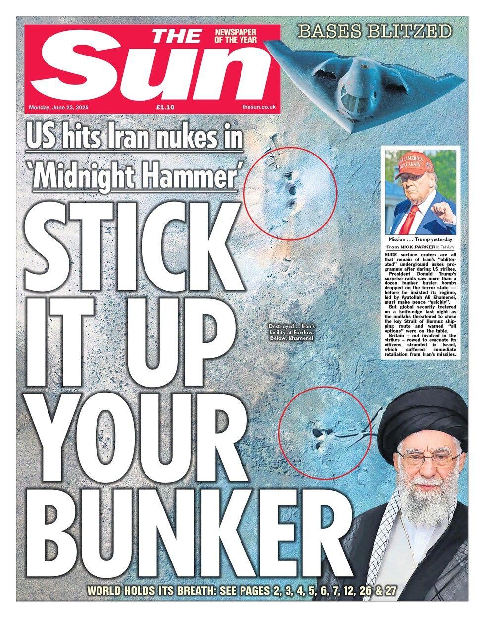 The headline on the Sun's front page reads: "Stick it up your bunker" 