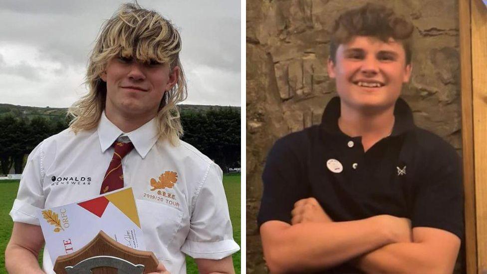 Fatal car crash victims Liam Shears and Alfie Abbott. Liam is wearing a white Okehampton Rugby Football Club shirt with a red tie and is holding a certificate and trophy. He has long blonde hair down to his shoulders. Alfie is standing with his arms crossed across his chest while wearing a black polo shirt