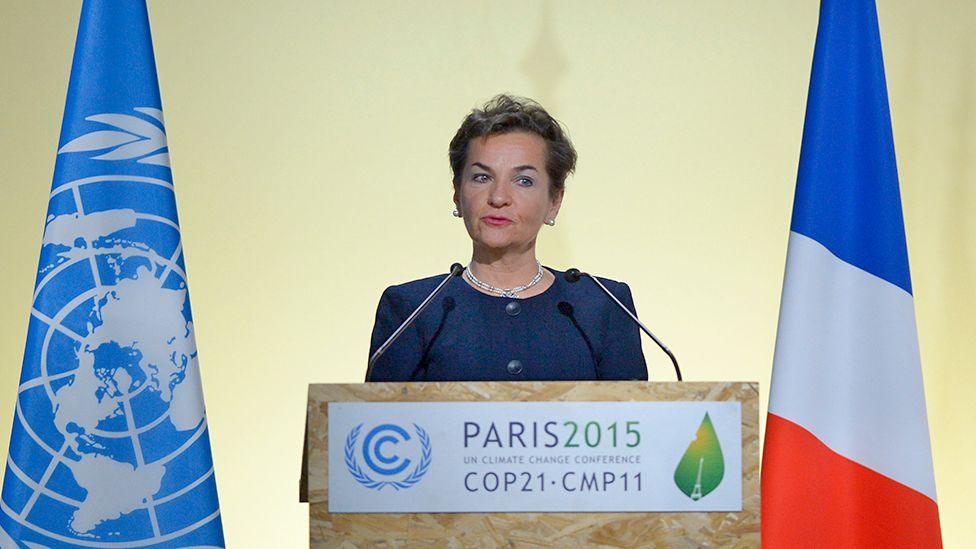 Dressed in a smart blue dress and flanked by the flags of the United Nations and France, Christiana Figueres makes a speech during the opening of COP21 in Paris in 2015