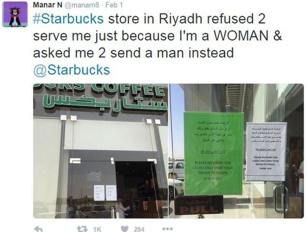 "#Starbucks store in Riyadh refused 2 serve me just because I'm a WOMAN..."