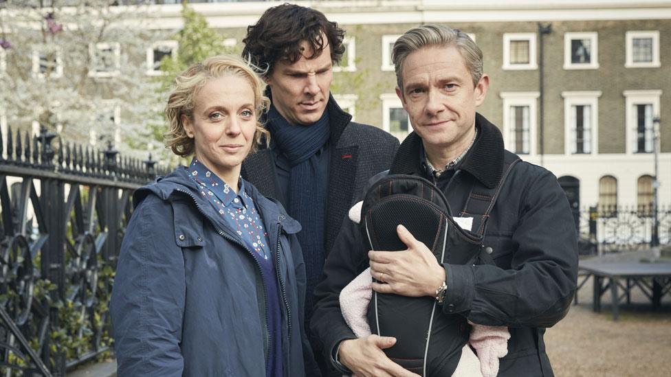 Amanda Abbington and Martin Freeman with Benedict Cumberbatch in a Sherlock promotional image