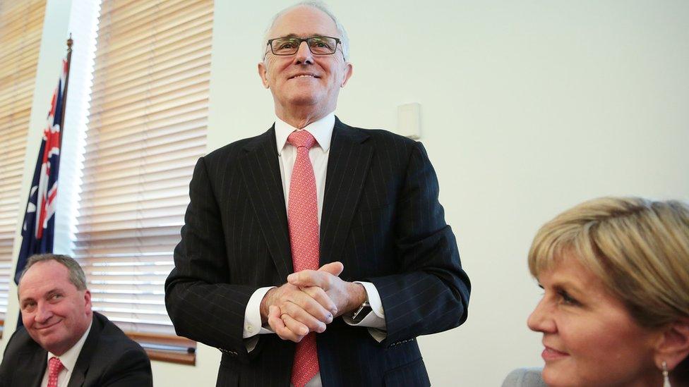 Australia's Prime Minister Malcolm Turnbull with Deputy Prime Minister Barnaby Joyce and Foreign Minister Julie Bishop