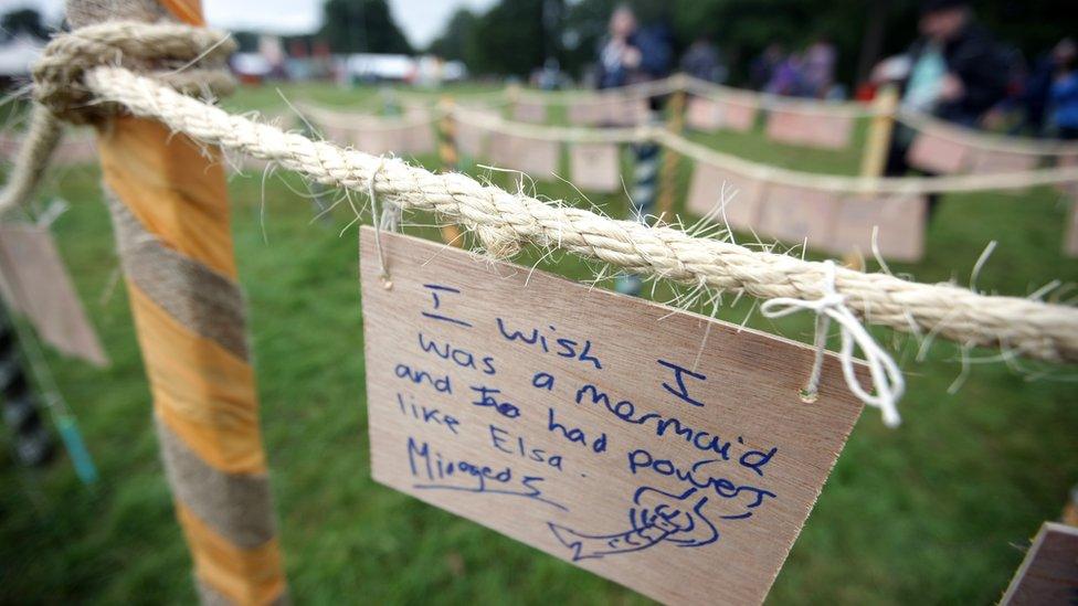 "I wish I was a mermaid and had powers like Elsa", reads a sign on a fence