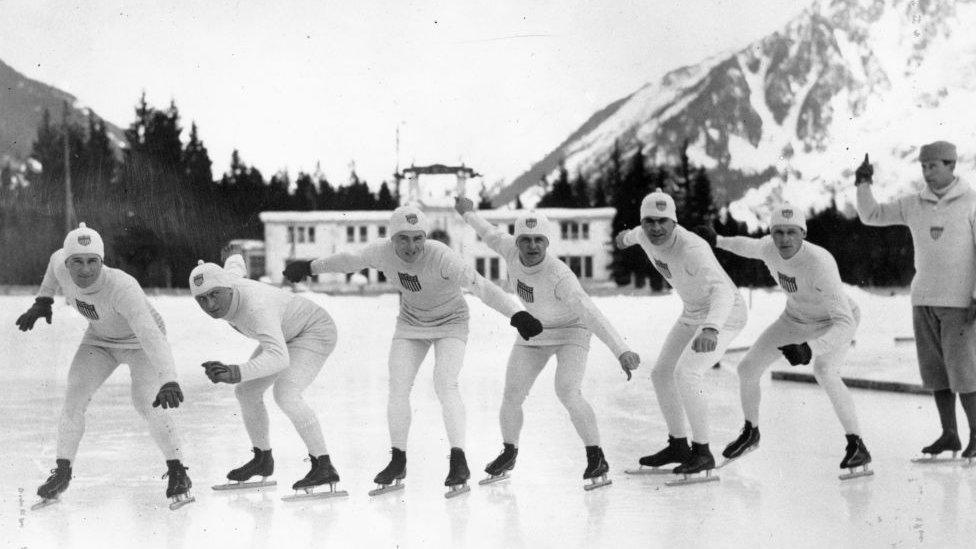 skating team, black and white image, 1924