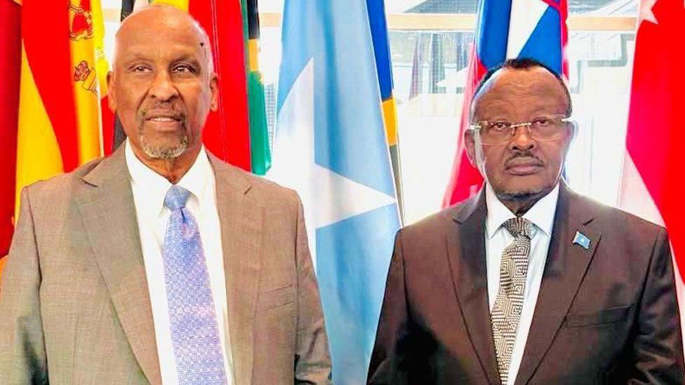 Gen Jama (R) with former MP Abdullahi Godah Barre (L) pictured in front of the Somali flag - and other flags - at the UN meeting. Both are wearing suits and ties and look serious.