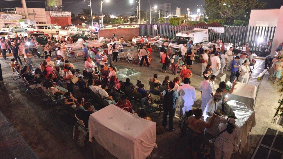 Hospital staff and patients outside