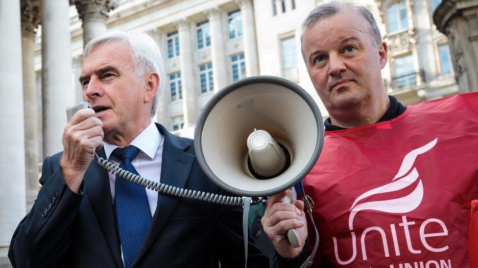 Shadow Chancellor John McDonnell (L) makes a speech using a mega phone as members of the Unite Union demonstrate outside the Bank of England on August 1, 2017 in London, England.