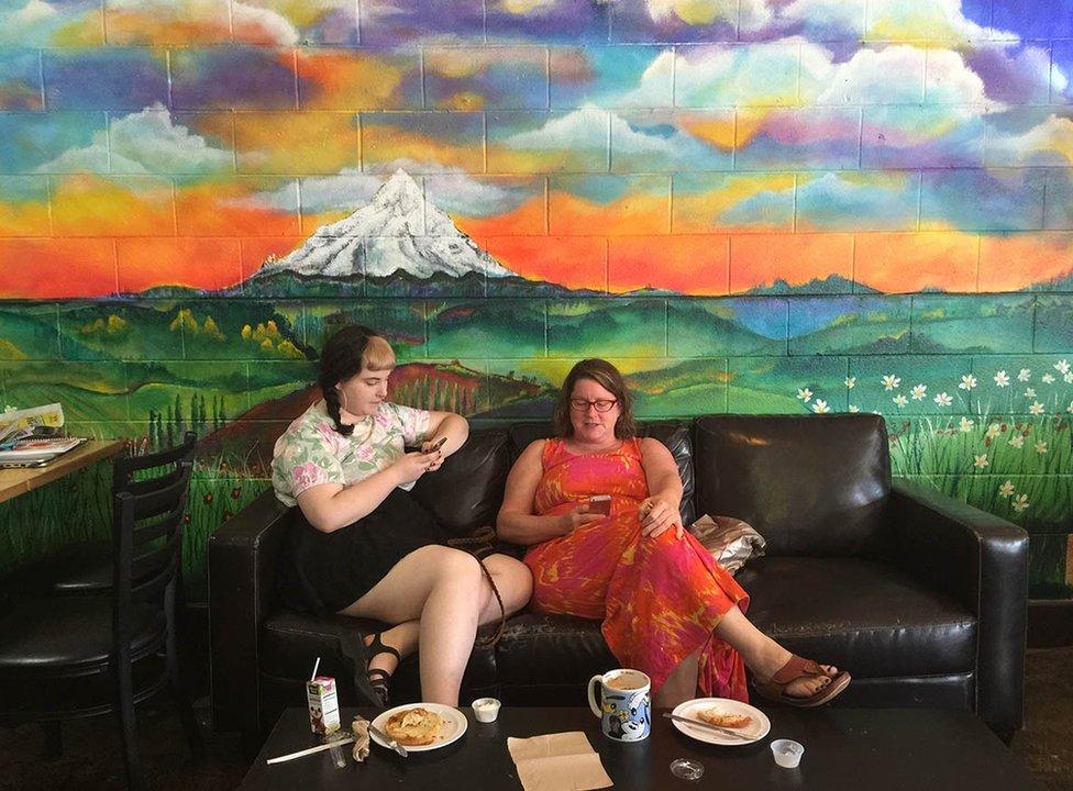 Coffee shop with Mount Hood mural