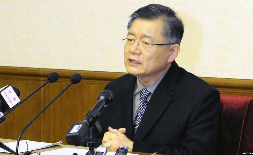 Hyeon Soo Lim speaks during a news conference at the People's Palace of Culture in Pyongyang, in this undated photo released by North Korea"s Korean Central News Agency (KCNA) on 30 July 2015