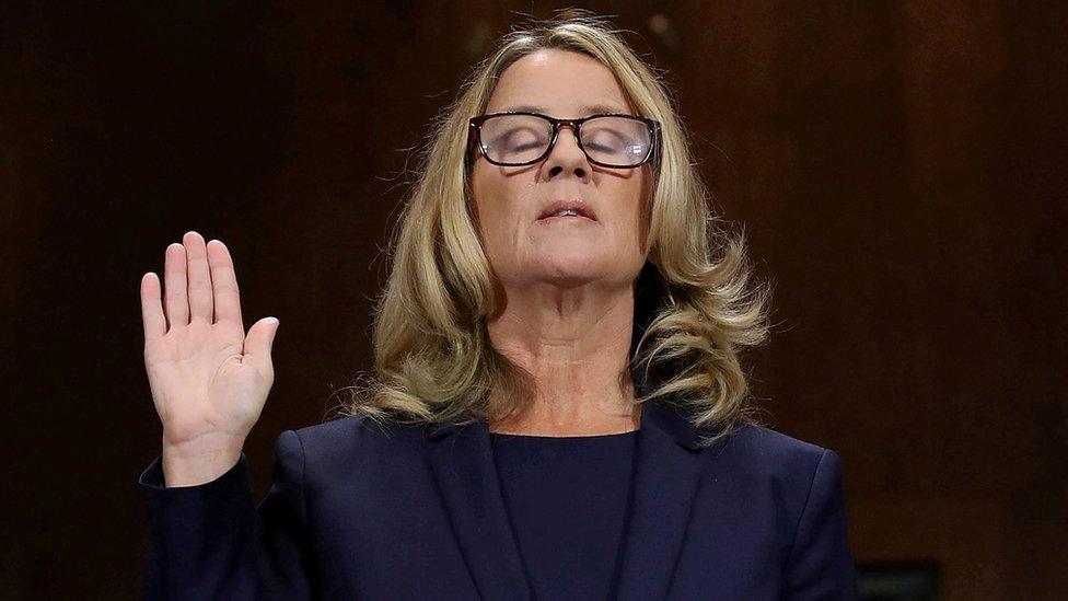 Christine Blasey Ford is sworn in before testifying the Senate Judiciary Committee in the Dirksen Senate Office Building at the Capitol Hill in Washington, DC, U.S., September 27, 2018