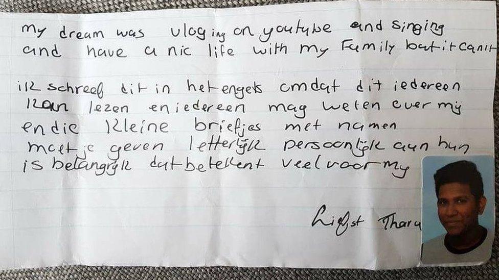 Note that family says has been left by Tharukshan Selvam before he killed himself, says "My dream was vloging on YouTube and singing and have a nice life with my family but I can't"