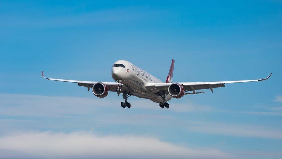 Virgin Atlantic Airways Airbus A350-1000 aircraft as seen on final approach arriving and landing at JFK John F. Kennedy International Airport in NYC, New York, USA. The airplane has the registration G-VPOP, the name Mamma Mia, 2x RR Jet engines. Virgin Atlantic Airways VS VIR is a British Airline Carrier connecting New York City to the London Gatwick, London Heathrow and Manchester UK. (Photo by Nicolas Economou/NurPhoto via Getty Images)