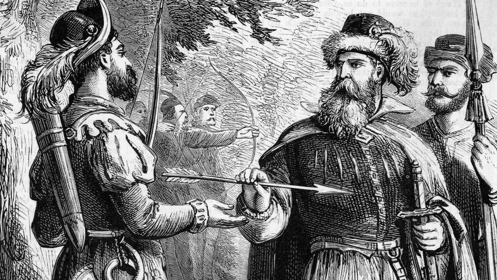 Robin Hood receiving the prize arrow from the Sheriff of Nottingham. Undated woodcut.