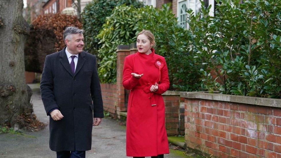 Woman in long red coat and man in long black coat walking along a street