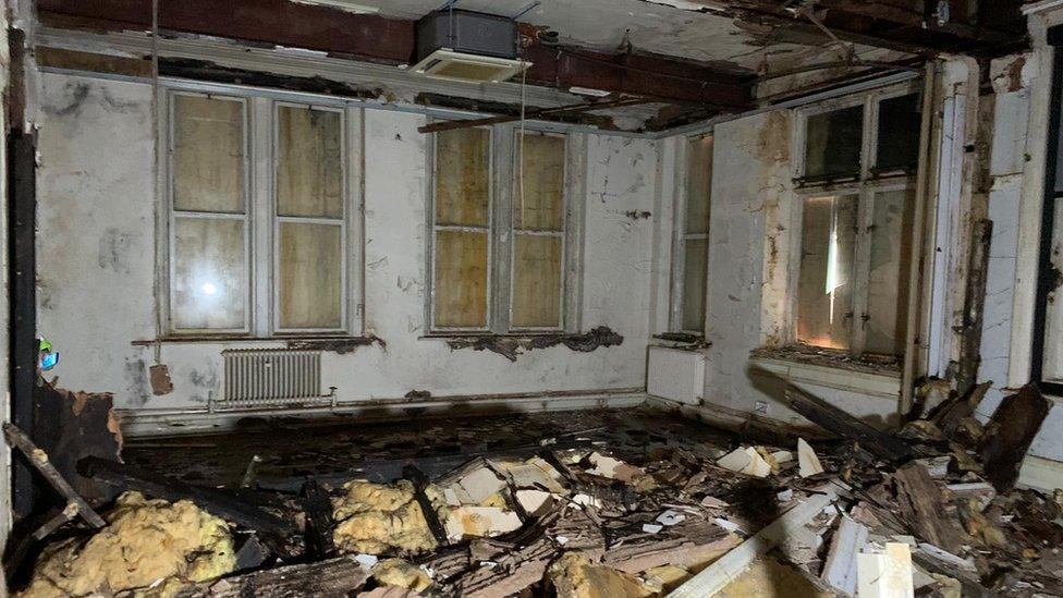 Fire damage inside the John Summers building at the former Shotton steelworks, Flintshire