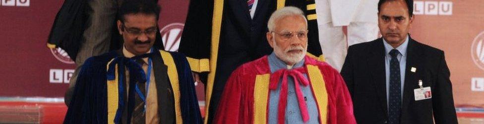 Prime Minister Narendra Modi (centre) and science and technology minister Harsh Vardhan (L) at the inauguration of the 106th Indian Science Congress at Lovely Professional University on January 3, 2019 in Jalandhar, India.