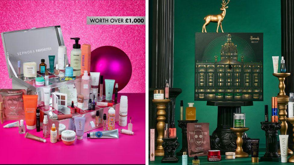 Side by side pictures with the Sephora advent calendar on the left with the box open and all the items on display against a pink background, and the Harrods advent calendar on the right with the closed box on a stand and all the items laid out around it against a green background