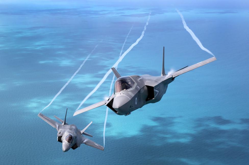 A pair of F35B's from the Royal Air Force flying over the east coast of England.