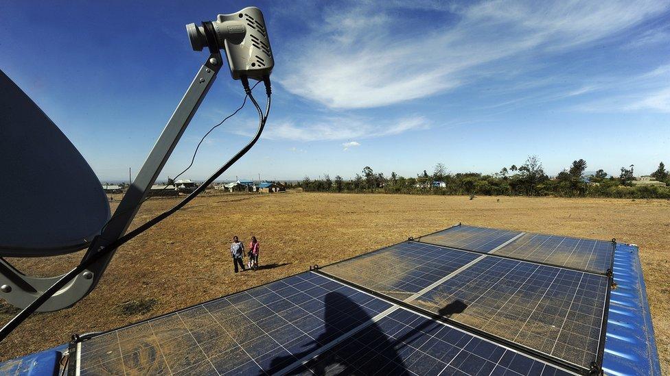 A solar-powered mobile internet cafe fashioned from a shipping container outside Nairobi in Kenya.