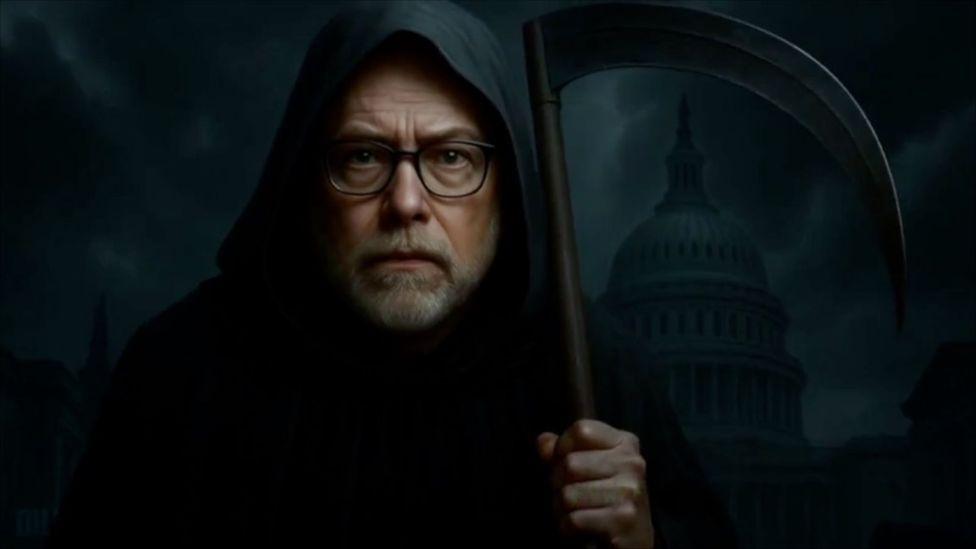 Russ Vought is dressed as Grim Reaper in dark cloak and hood and carrying a scythe, as depicted in AI video posted by Trump