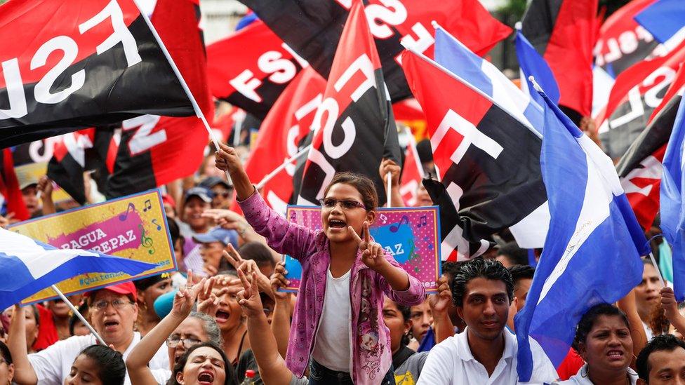 Supporters of the president wave his party's flags and carry well-designed professionally-printed signs - a stark contrast to the images of the protests