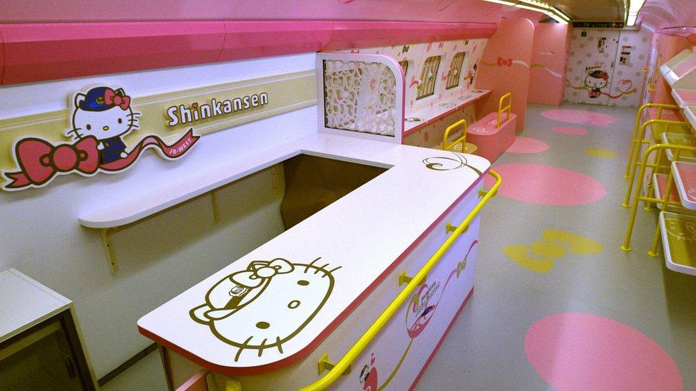 A general view of the 'Hello Kitty' Shinkansen bullet train at the JR Kyushu Hakata Train Depot on June 25, 2018 in Nakagawa, Fukuoka, Japan