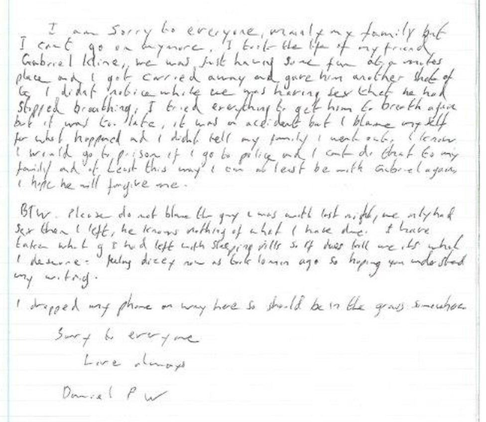 A copy of the fake suicide note