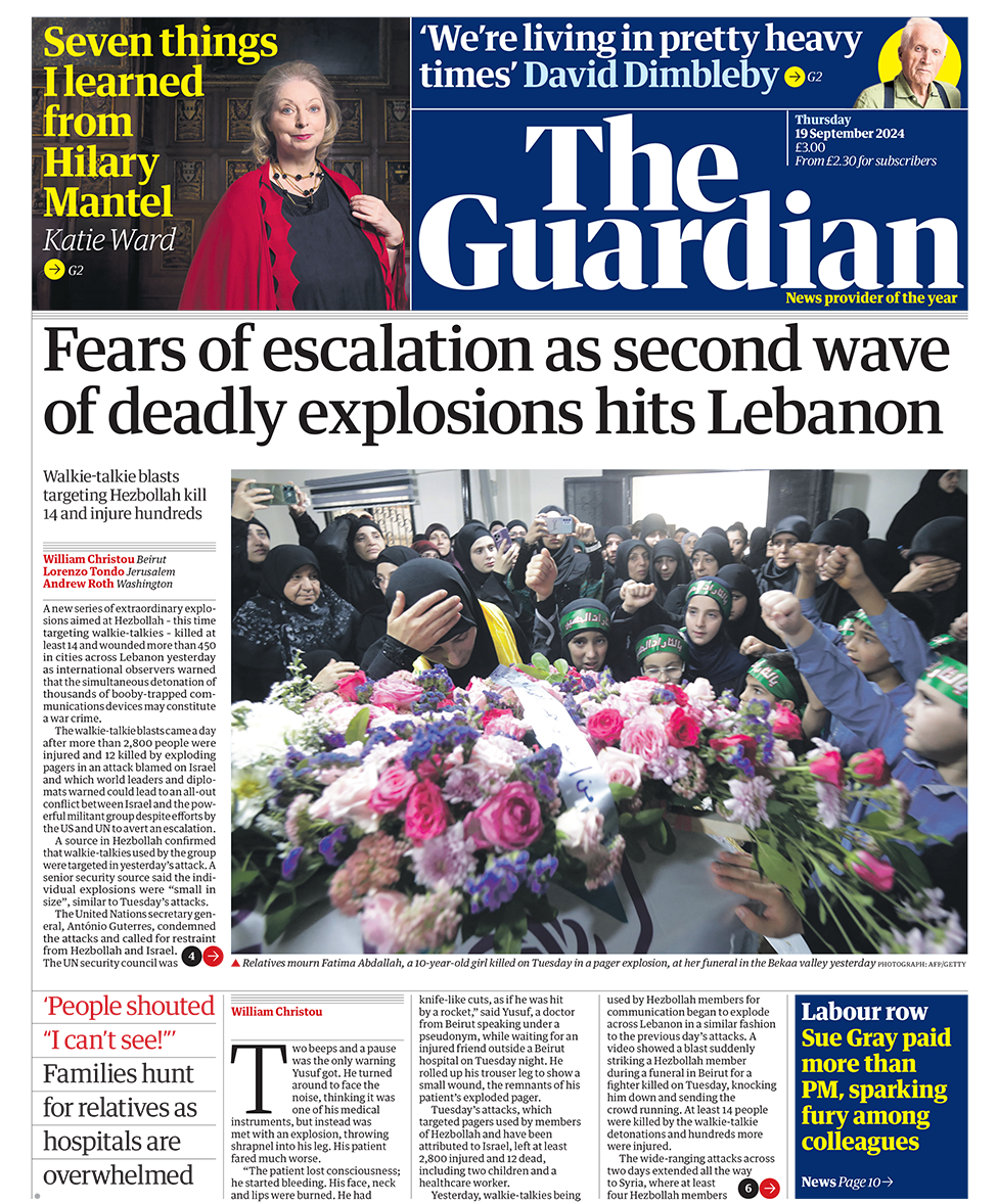 The Guardian headline reads "fears of escalation as second wave of deadly explosions hits Lebanon" 